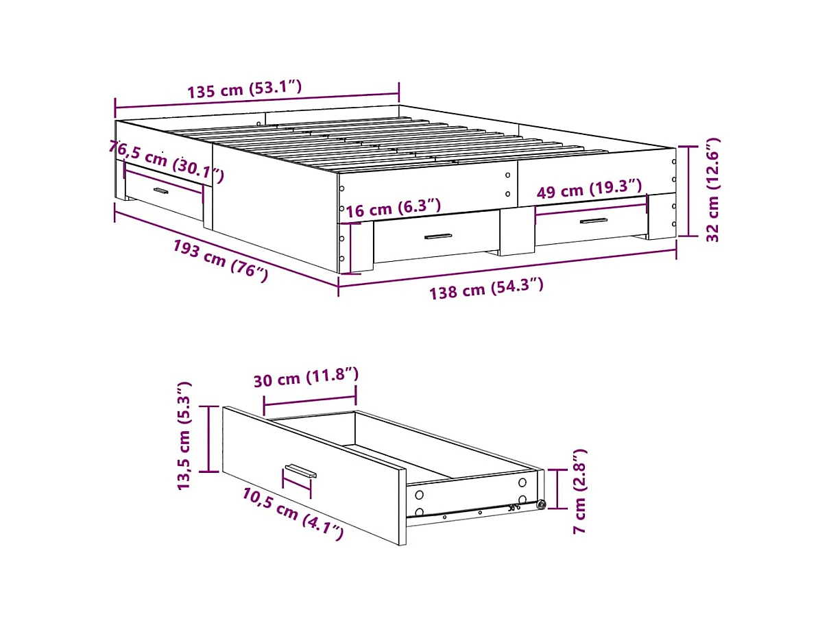 Lit double | Lit adulte | Cadre de lit avec tiroirs gris béton 135x190 cm