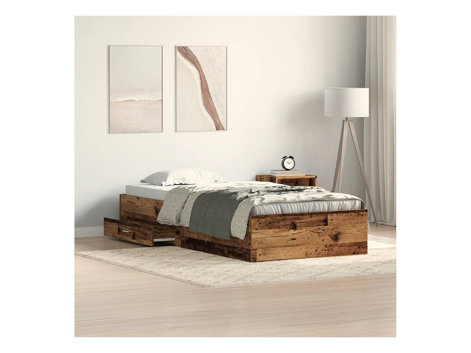 Lit simple | Lit adulte, enfant | Cadre de lit avec tiroirs avec tiroir Bois ancien 90x200 cm