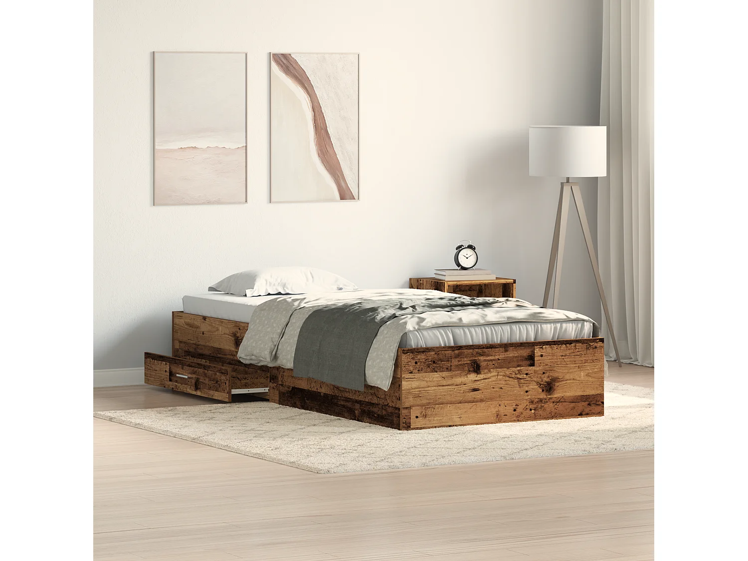 Lit simple | Lit adulte, enfant | Cadre de lit avec tiroirs avec tiroir Bois ancien 90x200 cm