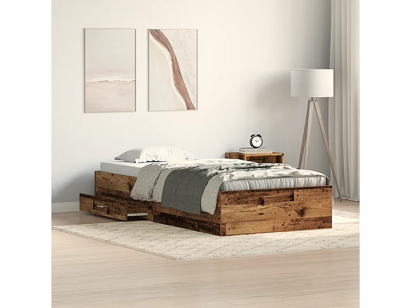 Lit simple | Lit adulte, enfant | Cadre de lit avec tiroirs avec tiroir Bois ancien 90x200 cm