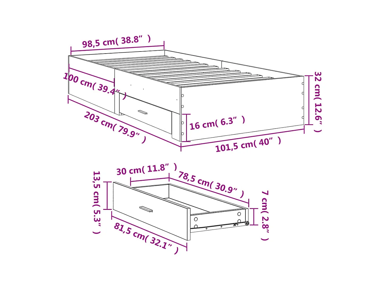 Lit simple | Lit adulte, enfant | Cadre de lit avec tiroirs blanc 100x200 cm