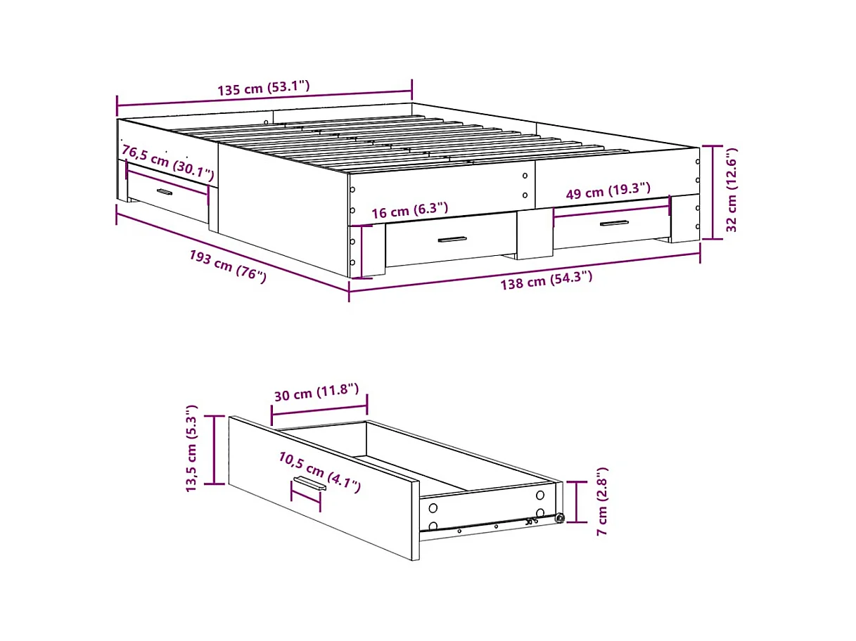 Lit double | Lit adulte | Cadre de lit avec tiroirs sonoma gris 135x190 cm