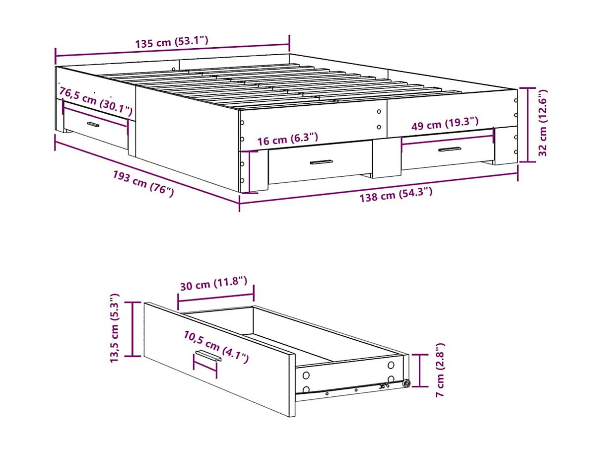 Lit double | Lit adulte | Cadre de lit avec tiroirs sonoma gris 135x190 cm