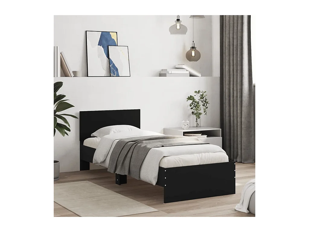 Lit simple | Lit adulte, enfant | Cadre de lit avec tête de lit noir 90x190 cm