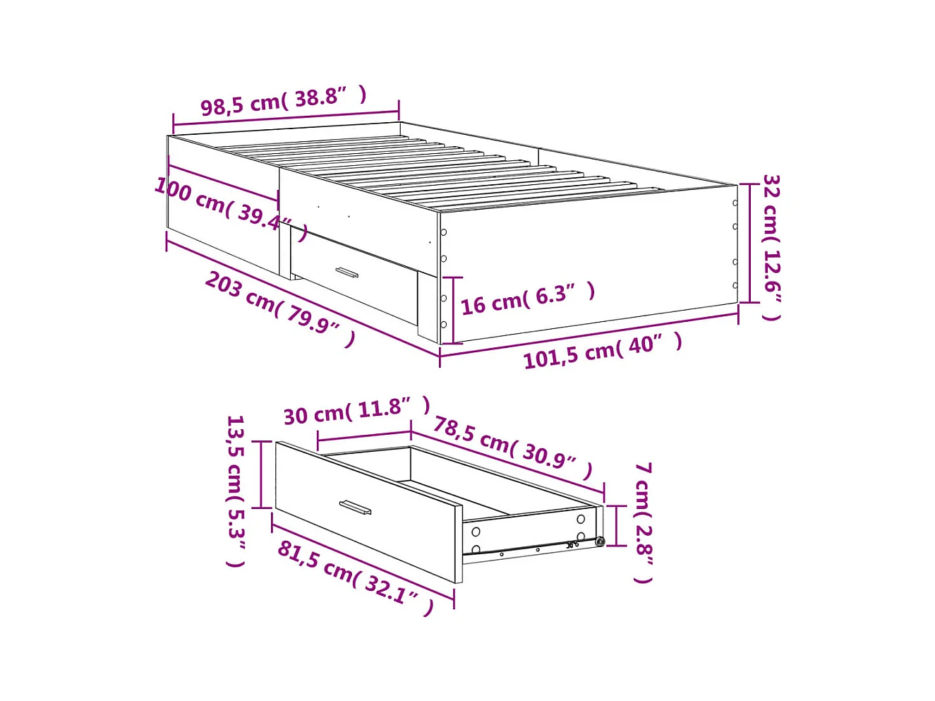 Lit simple | Lit adulte, enfant | Cadre de lit avec tiroirs chêne fumé 100x200 cm