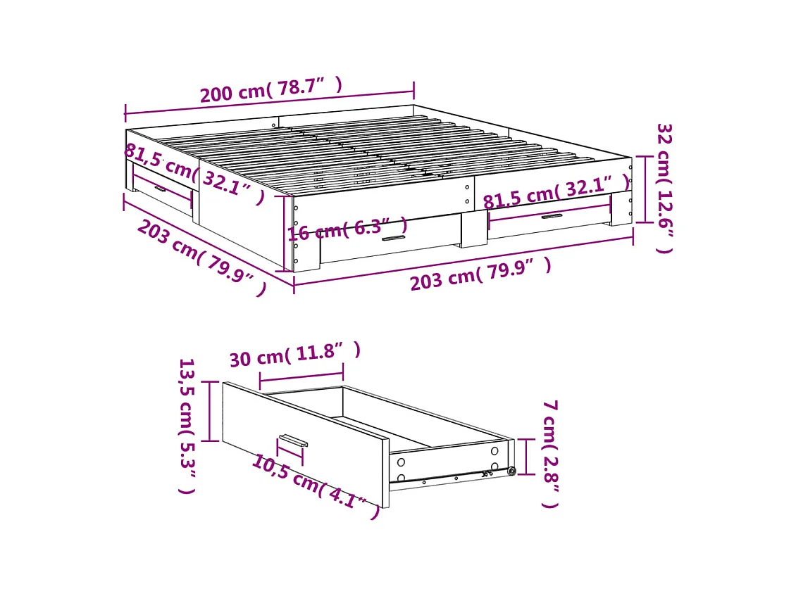 Lit double | Lit adulte | Cadre de lit avec tiroirs gris béton 200x200 cm
