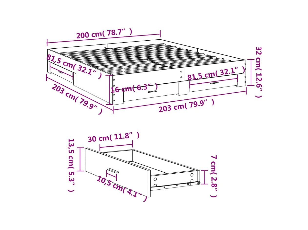 Lit double | Lit adulte | Cadre de lit avec tiroirs gris béton 200x200 cm