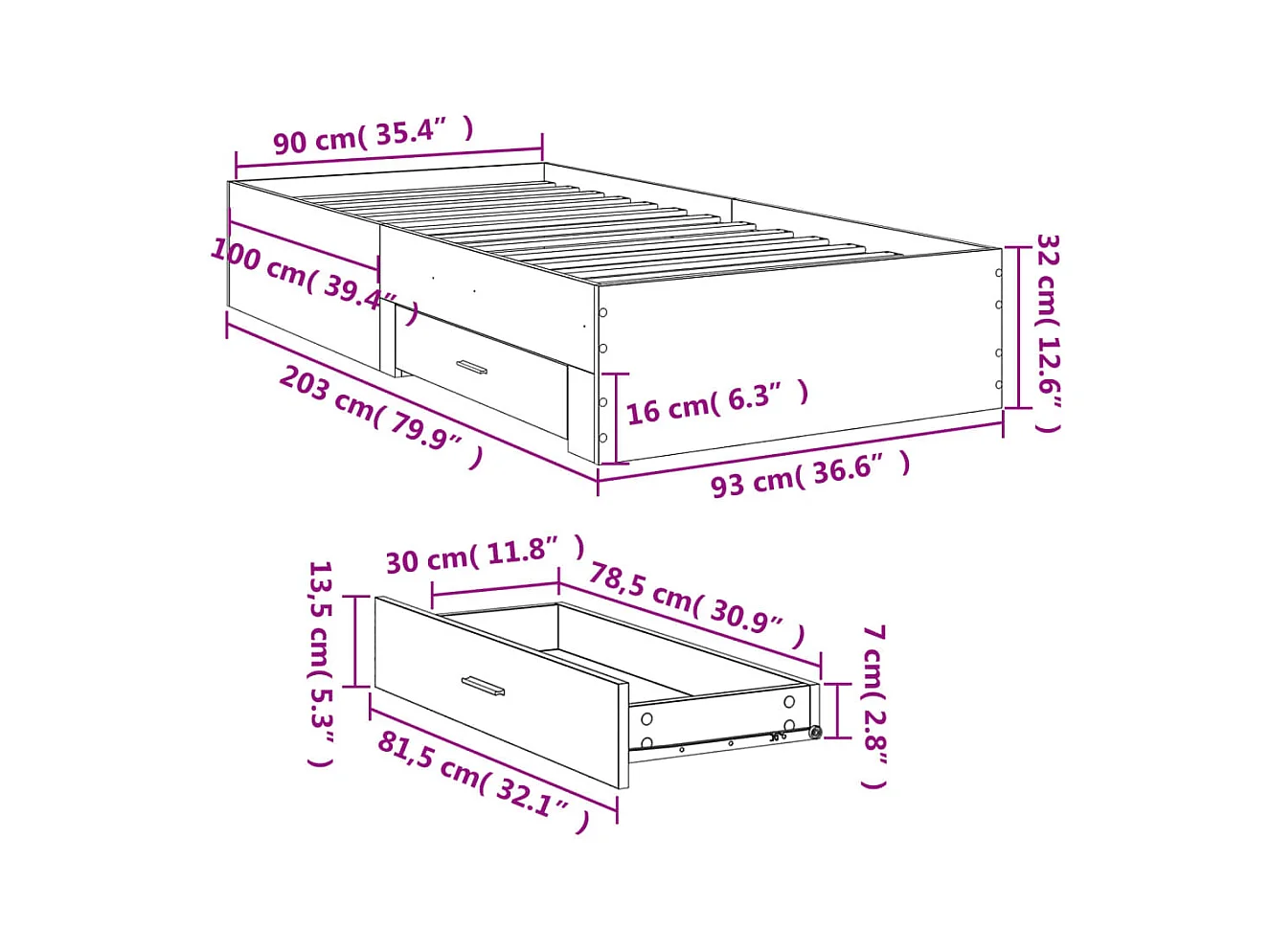 Lit simple | Lit adulte, enfant | Cadre de lit avec tiroirs blanc 90x200 cm