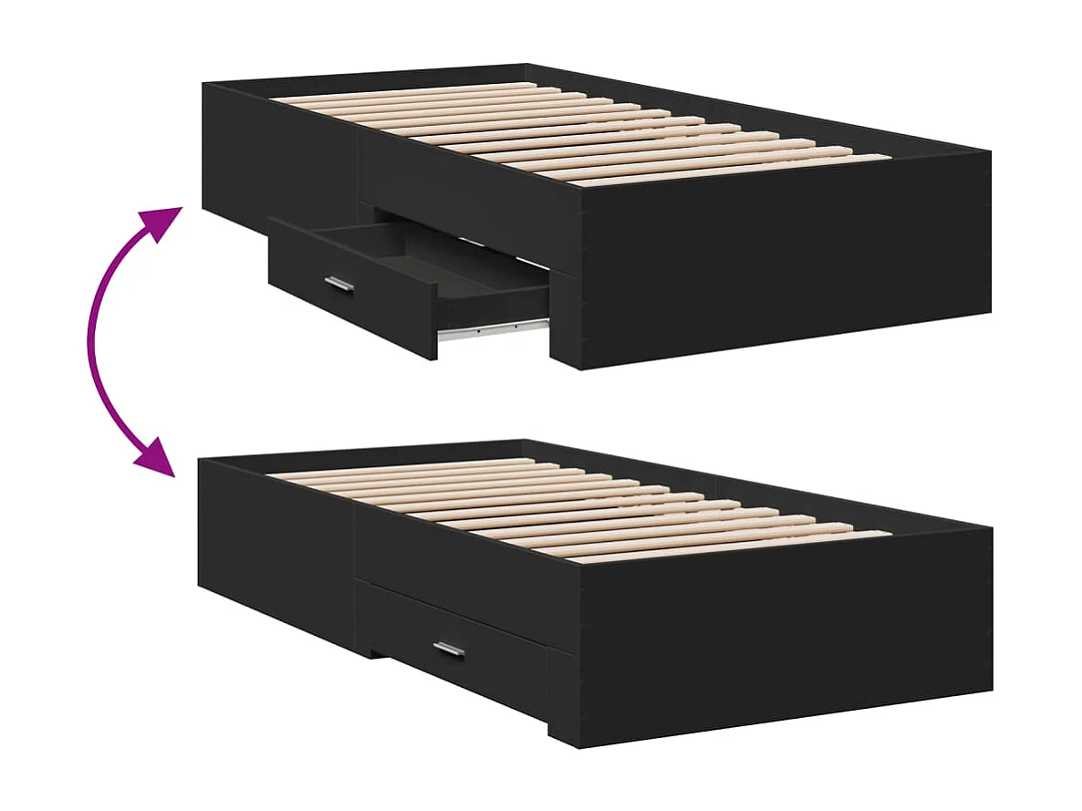 Lit simple | Lit adulte, enfant | Cadre de lit avec tiroirs noir 75x190 cm