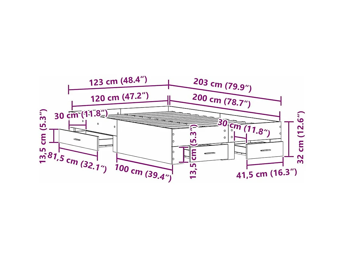 Lit simple | Lit adulte, enfant | Cadre de lit avec tiroirs chêne artisanal 120x200 cm