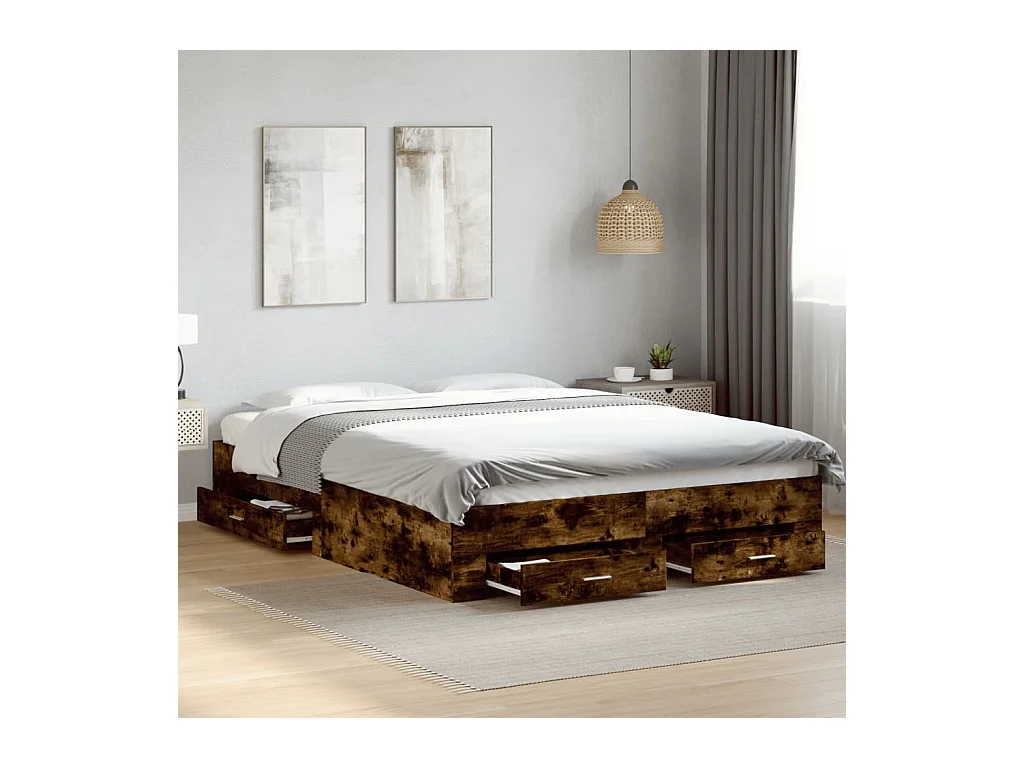 Lit double | Lit adulte | Cadre de lit avec tiroirs chêne fumé 140x200 cm