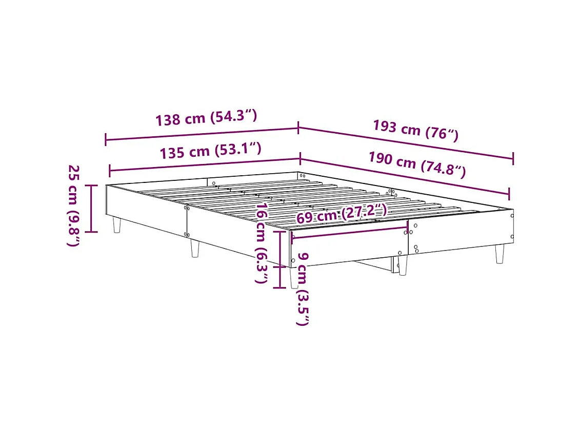Lit double | Lit adulte | Cadre de lit chêne fumé 135x190 cm bois ingénierie