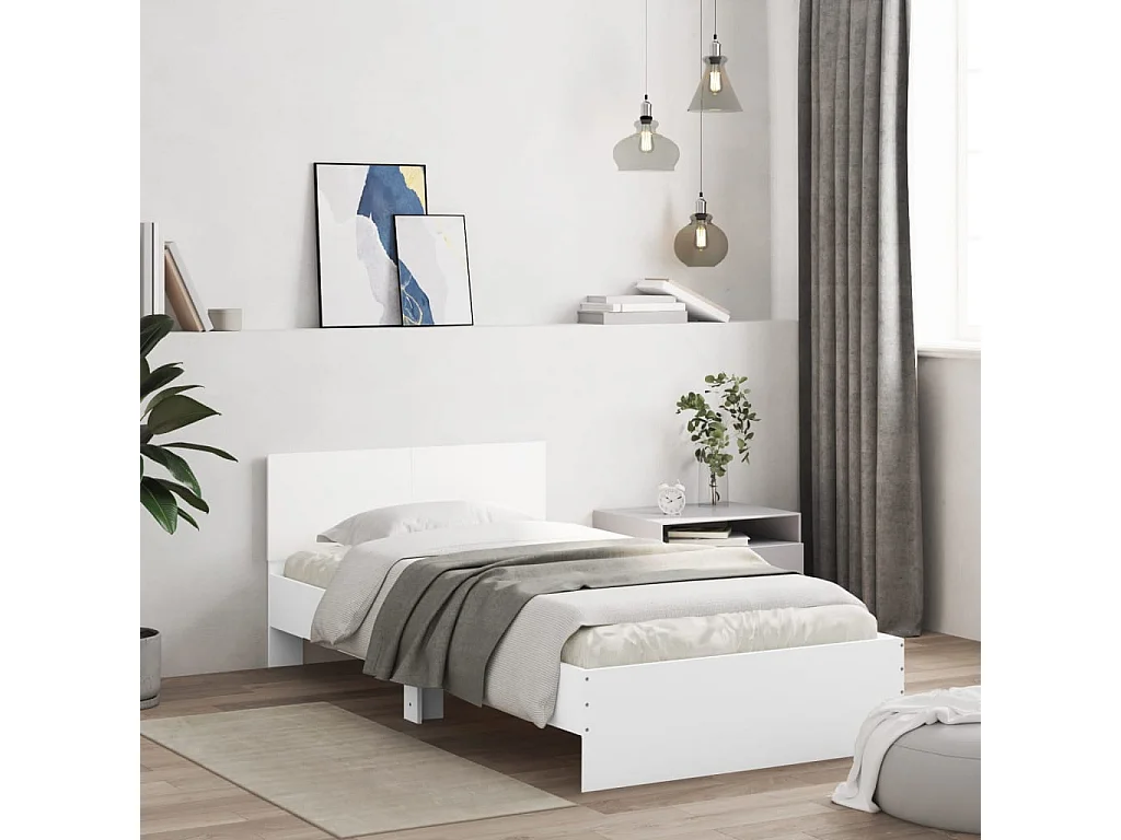 Lit simple | Lit adulte, enfant | Cadre de lit avec tête de lit blanc 100x200 cm