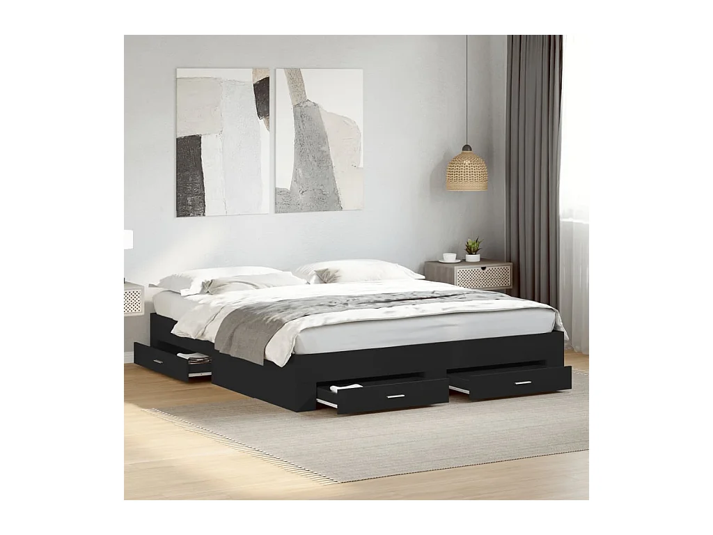 Lit double | Lit adulte | Cadre de lit avec tiroirs noir 200x200 cm