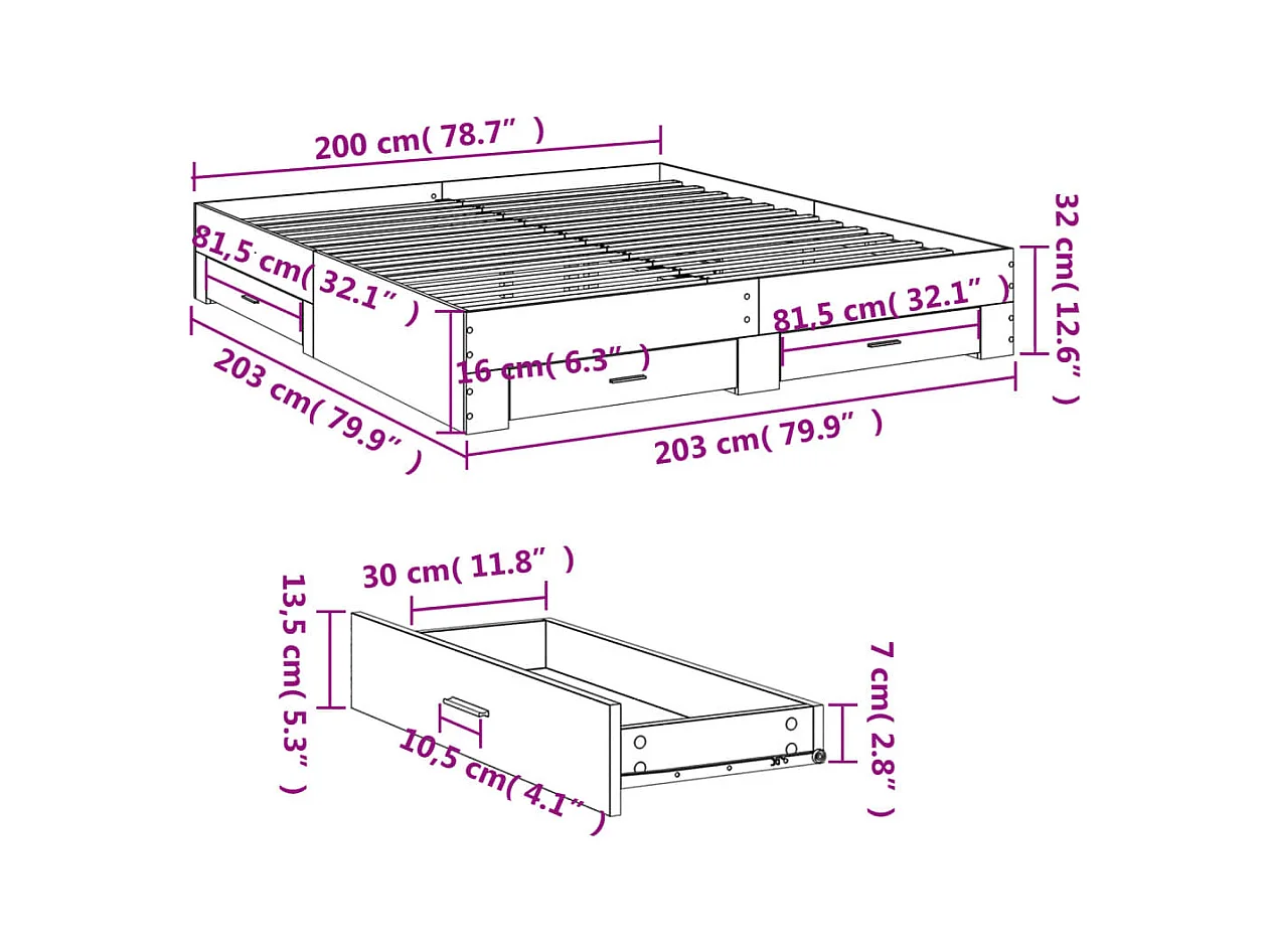 Lit double | Lit adulte | Cadre de lit avec tiroirs noir 200x200 cm