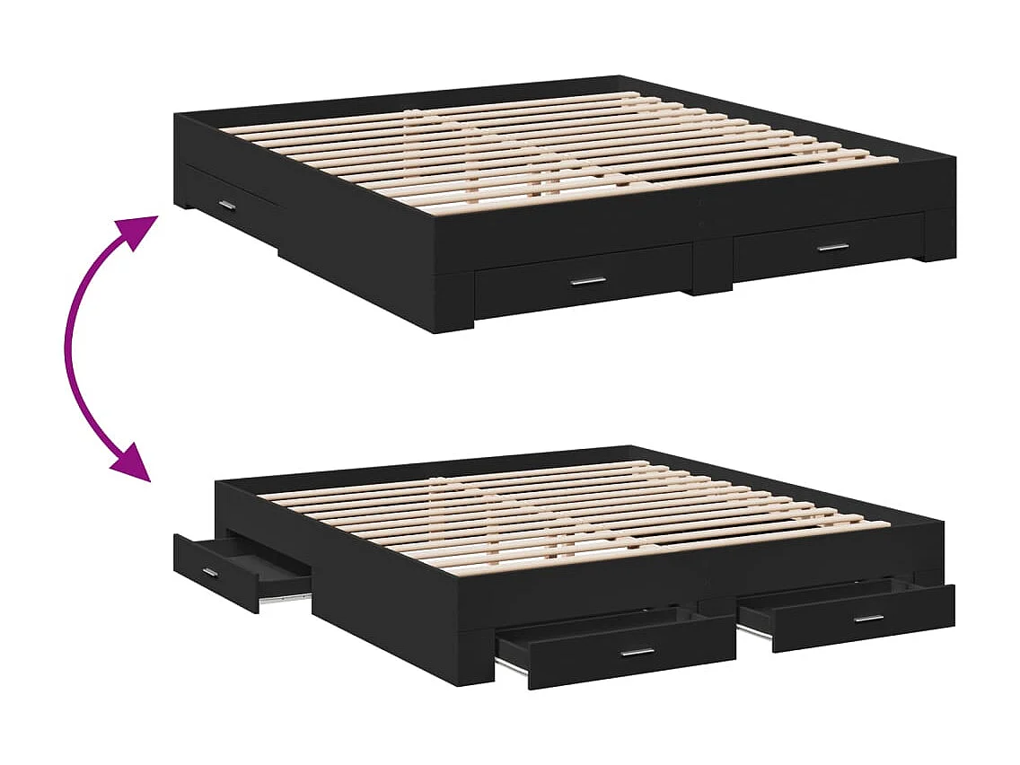 Lit double | Lit adulte | Cadre de lit avec tiroirs noir 200x200 cm