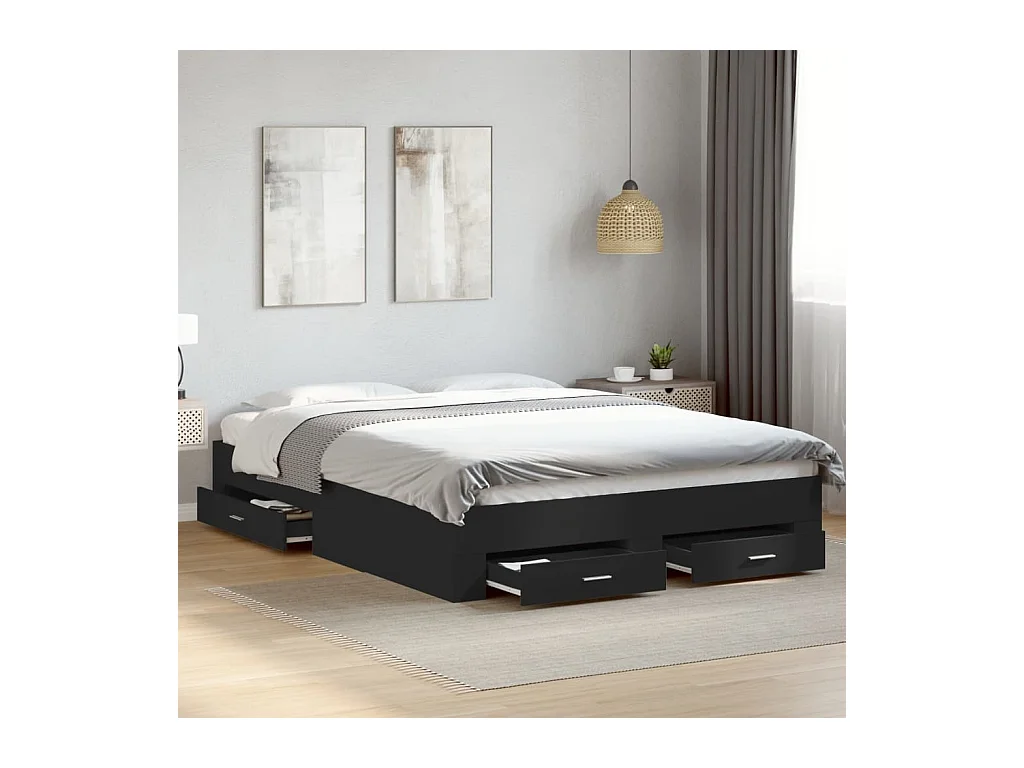 Lit double | Lit adulte | Cadre de lit avec tiroirs noir 150x200 cm