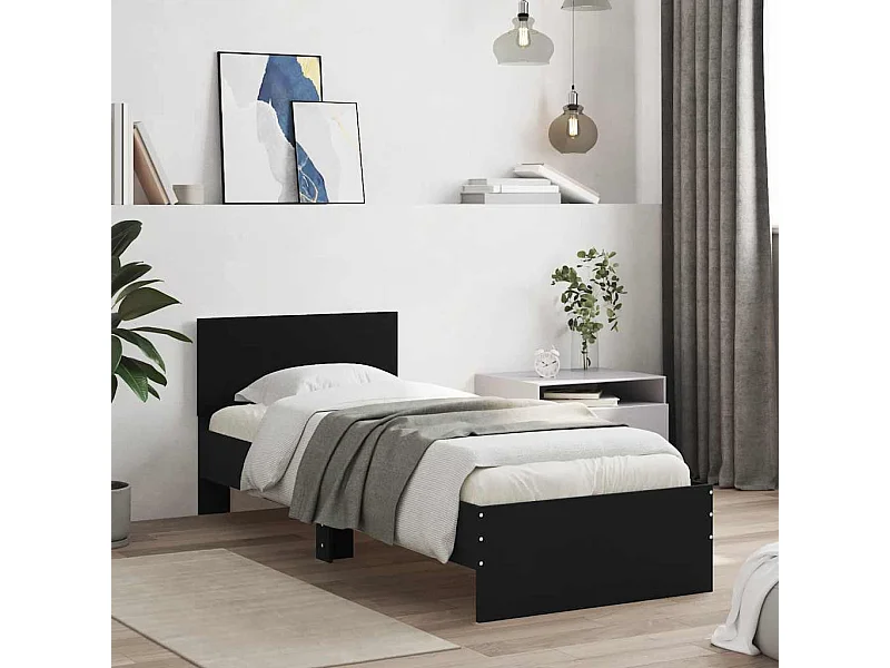 Lit simple | Lit adulte, enfant | Cadre de lit avec tête de lit noir 75x190 cm