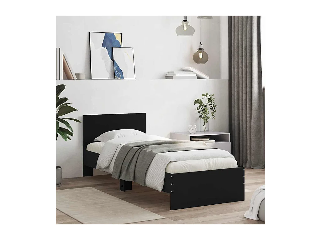 Lit simple | Lit adulte, enfant | Cadre de lit avec tête de lit noir 75x190 cm