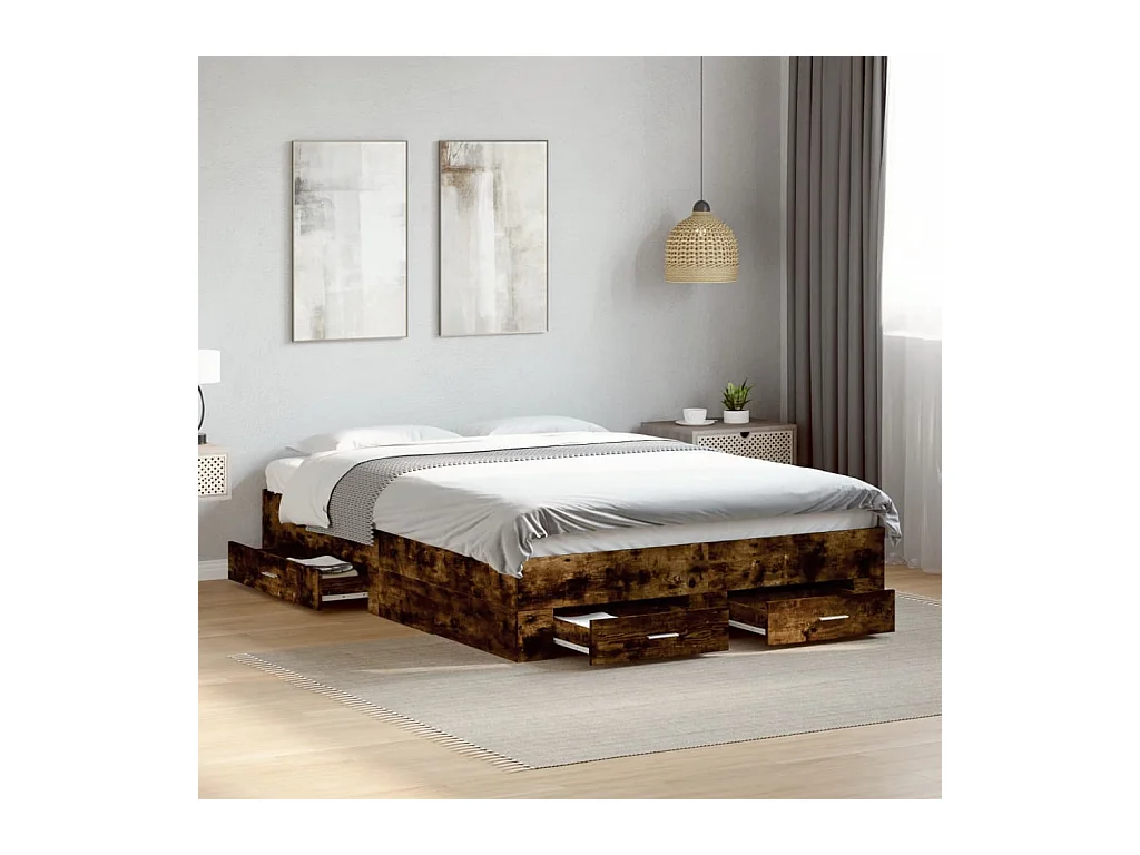Lit double | Lit adulte | Cadre de lit avec tiroirs chêne fumé 140x190 cm