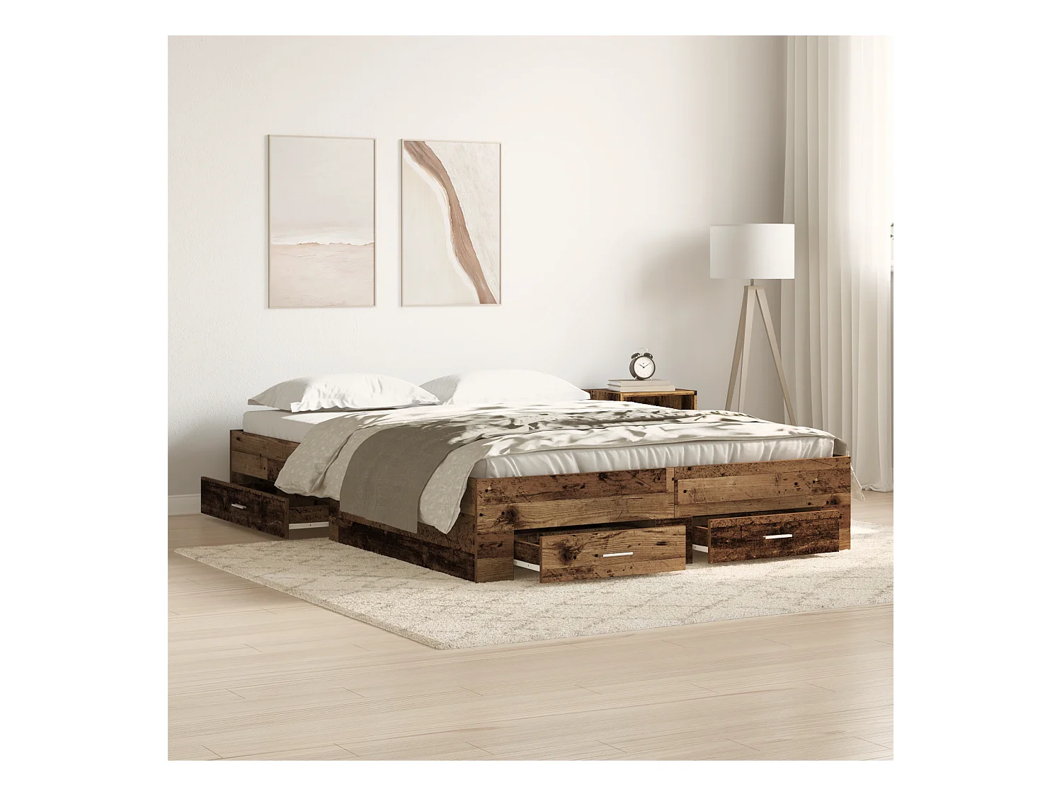 Lit double | Lit adulte | Cadre de lit avec tiroirs avec tiroir Bois ancien 135x190 cm