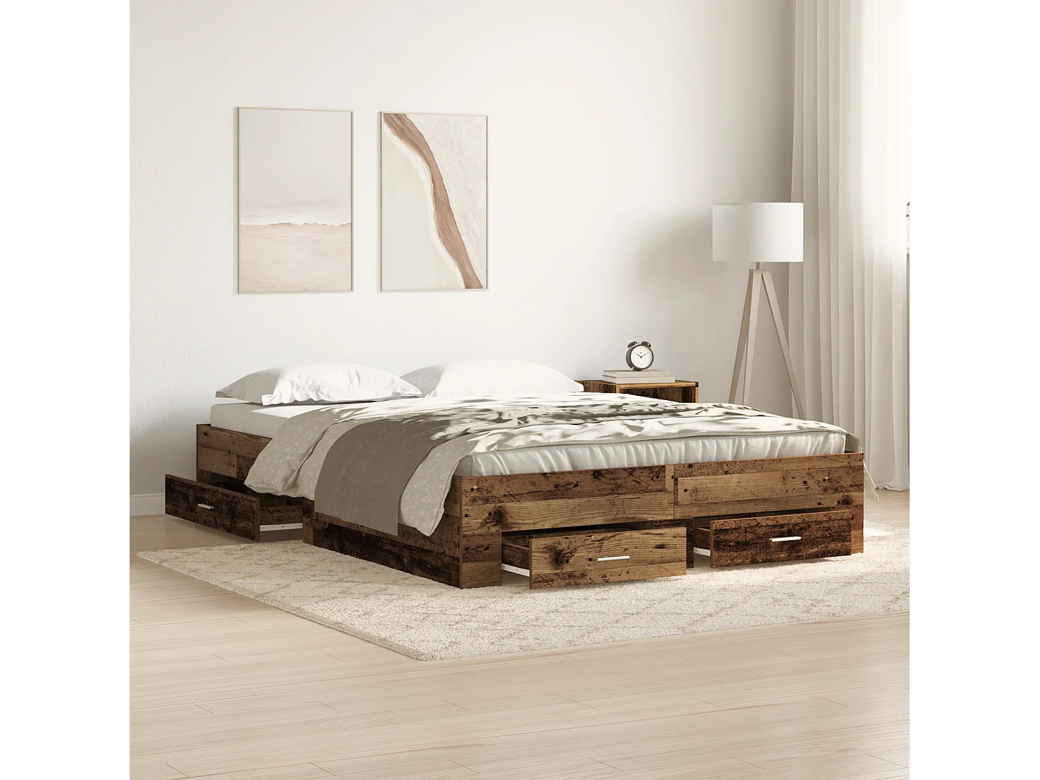 Lit double | Lit adulte | Cadre de lit avec tiroirs avec tiroir Bois ancien 135x190 cm