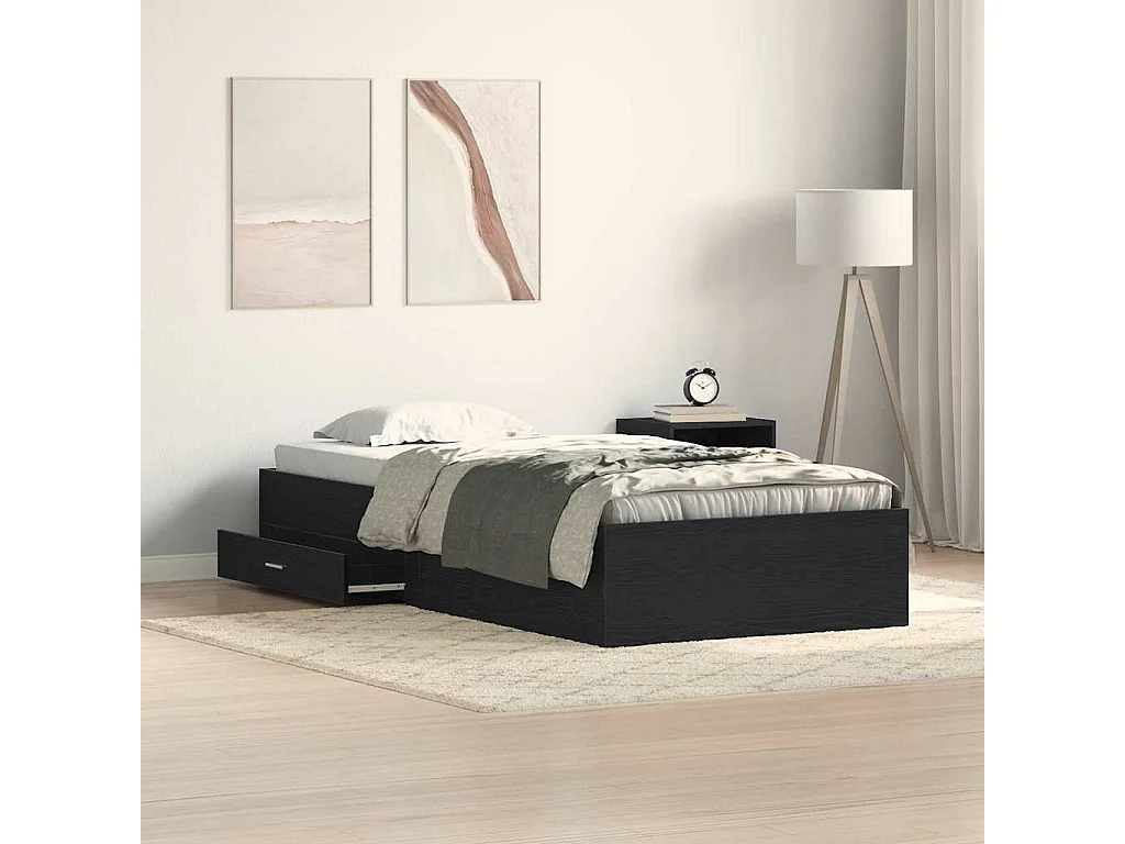 Lit simple | Lit adulte, enfant | Cadre de lit avec tiroirs avec tiroir Chêne noir 90x190 cm