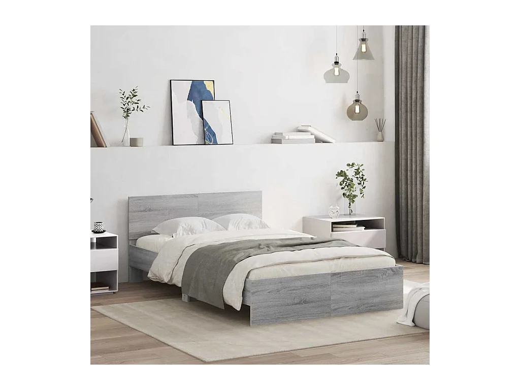 Lit double | Lit adulte | Cadre de lit avec tête de lit et LED sonoma gris 135x190 cm