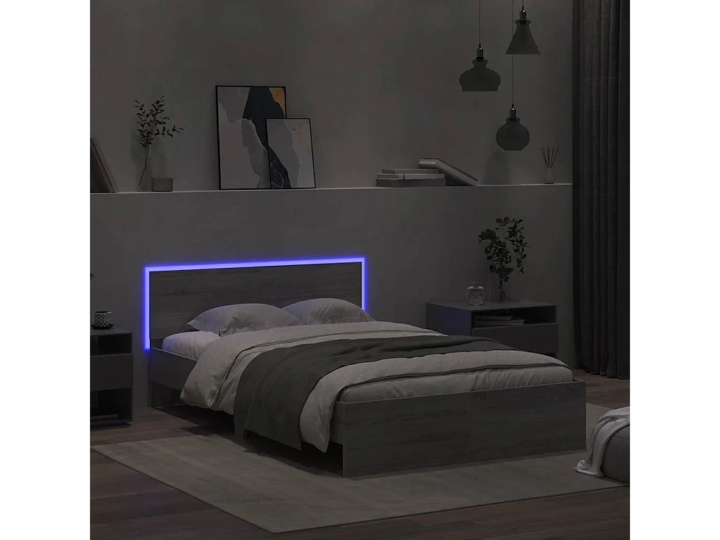 Letto per adulti | Letto matrimoniale | Giroletto con Testiera e LED Grigio Sonoma 135x190 cm