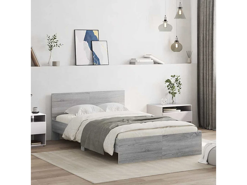 Letto per adulti | Letto matrimoniale | Giroletto con Testiera e LED Grigio Sonoma 135x190 cm