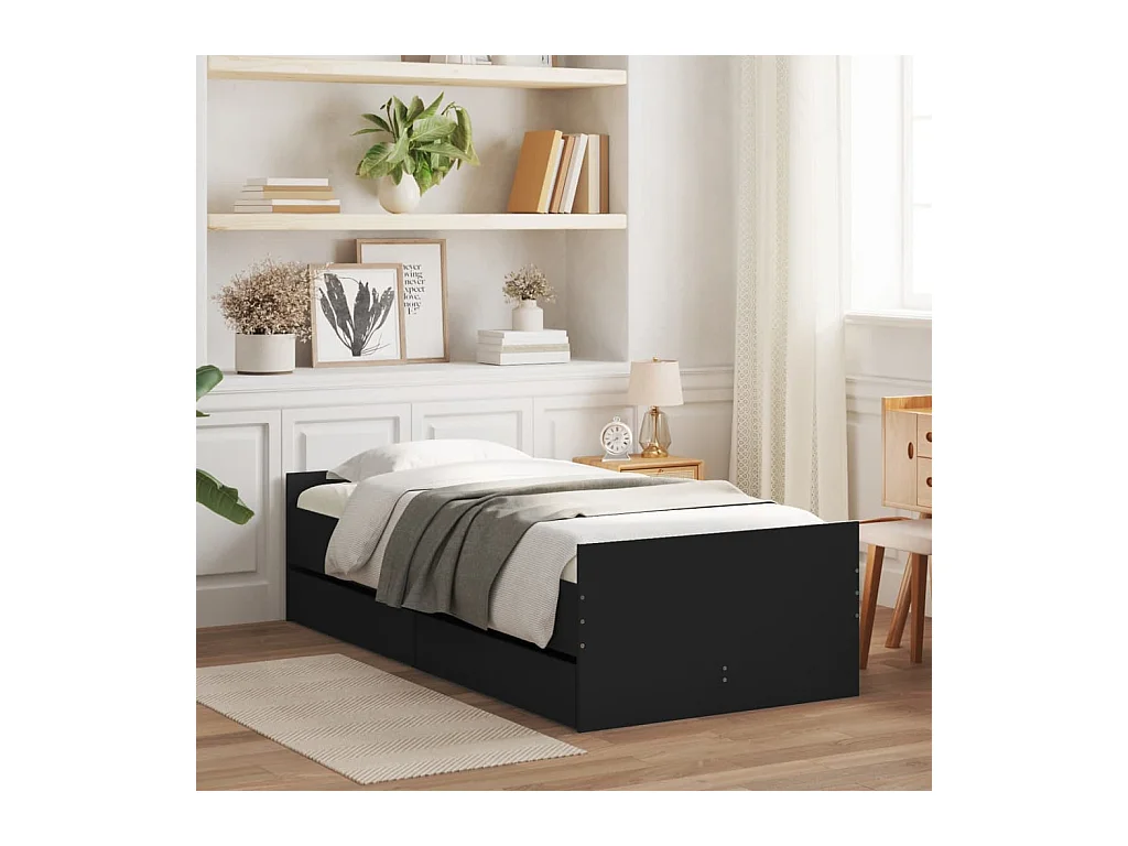 Lit simple | Lit adulte, enfant | Cadre de lit avec tiroirs noir 90x200 cm