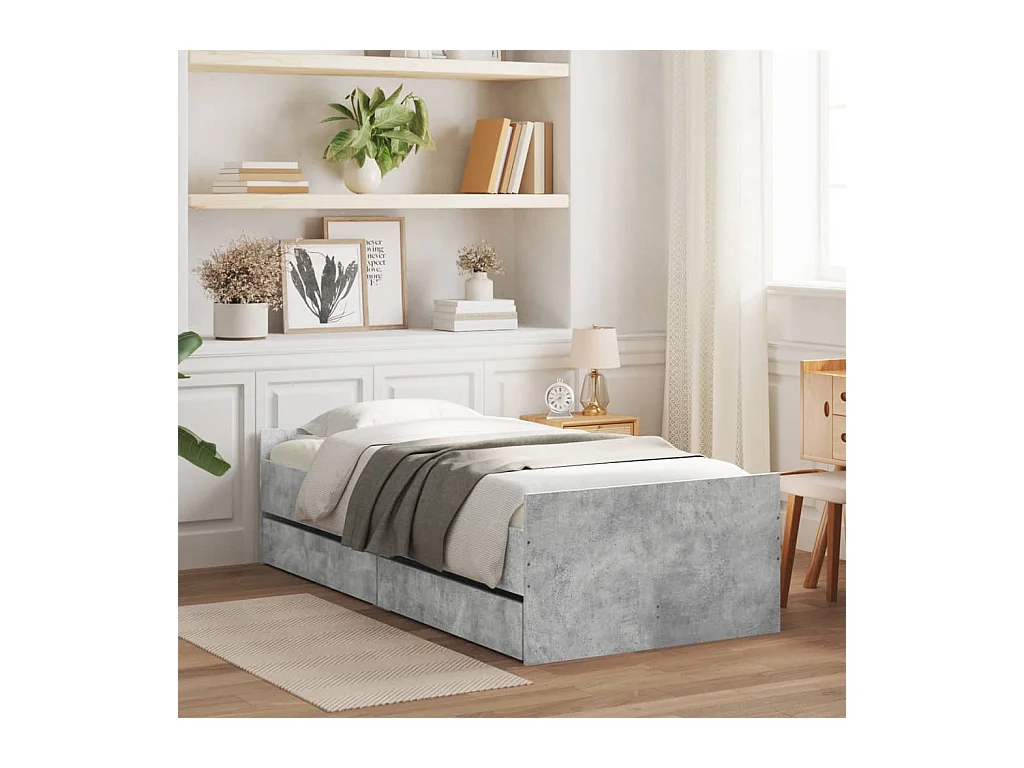 Lit simple | Lit adulte, enfant | Cadre de lit avec tiroirs gris béton 90x200 cm
