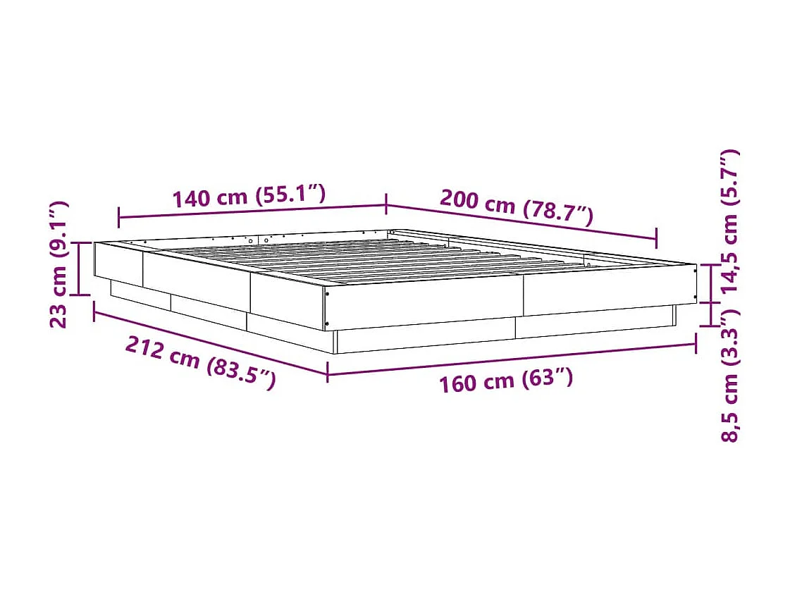 Lit double | Lit adulte | Cadre de lit sonoma gris 140x200 cm