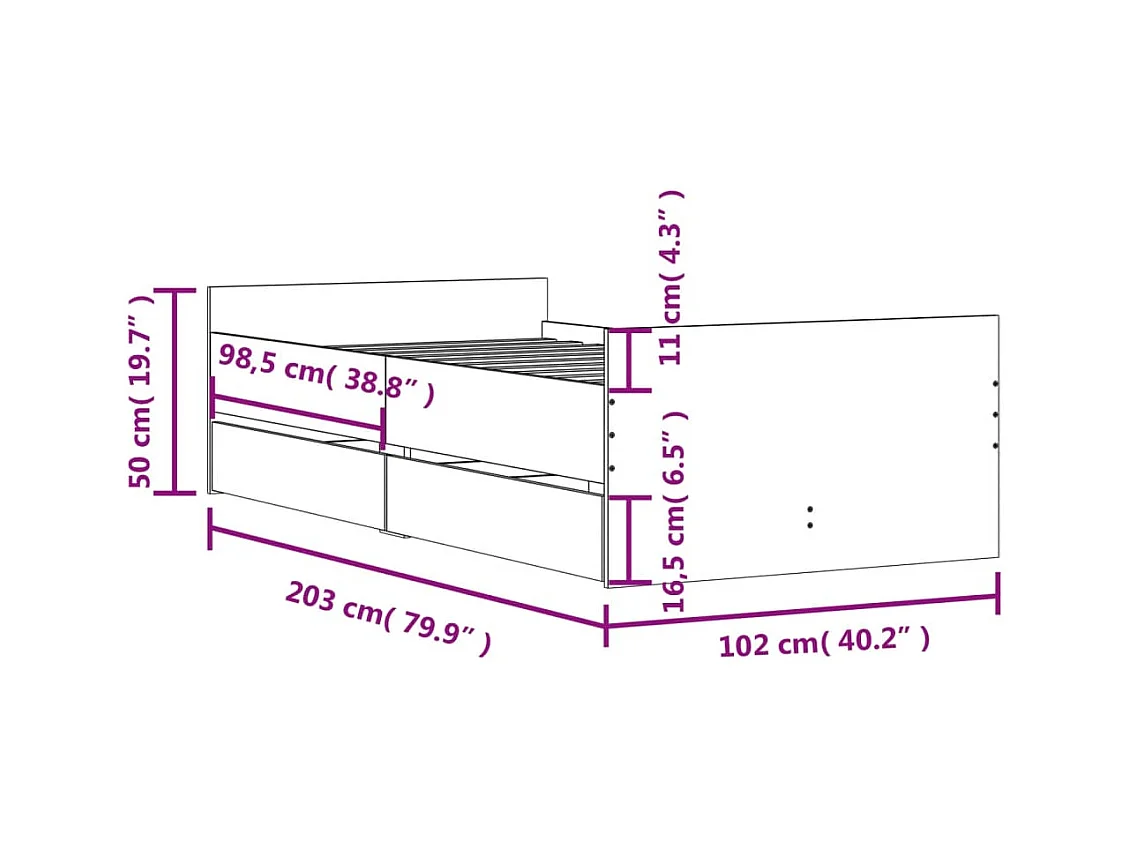 Lit simple | Lit adulte, enfant | Cadre de lit avec tiroirs sonoma gris 100x200 cm