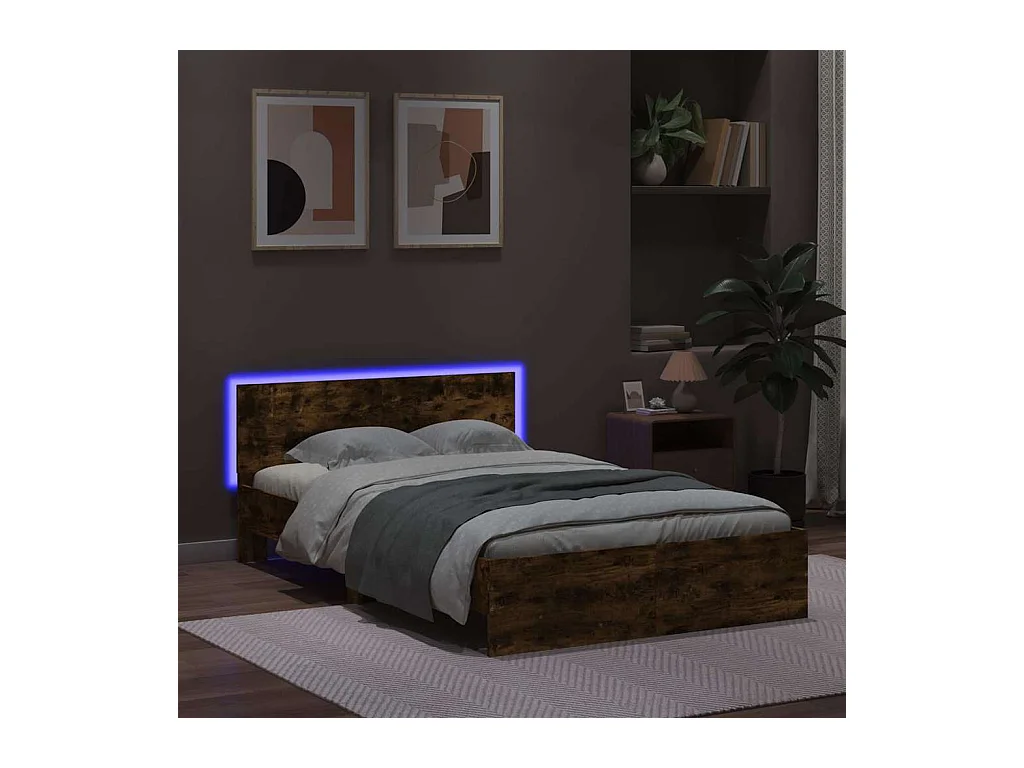 Lit simple | Lit adulte, enfant | Cadre de lit avec tête de lit et LED chêne fumé 120x190 cm