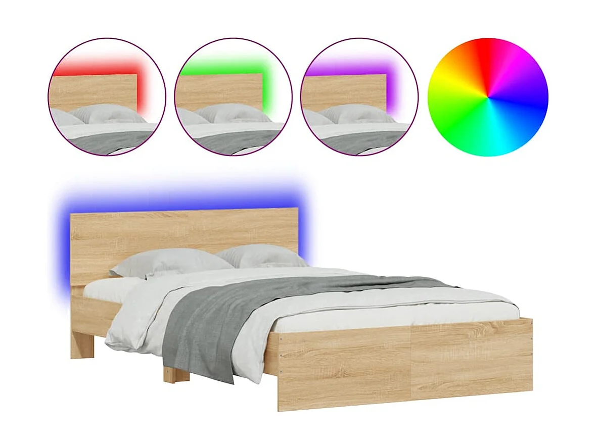 Letto per adulti | Letto matrimoniale | Giroletto con Testiera e LED Rovere Sonoma 140x200 cm
