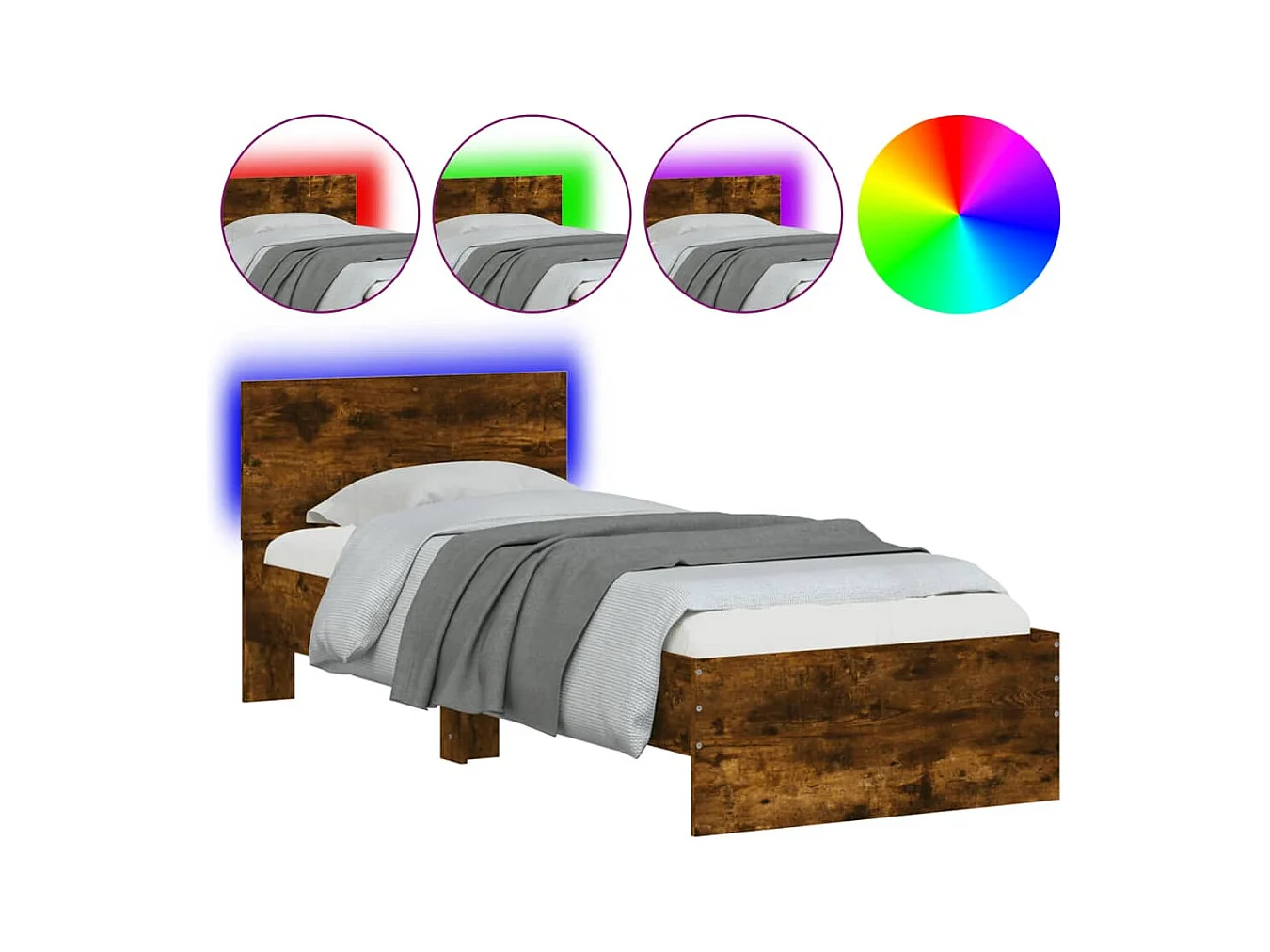 Lit simple | Lit adulte, enfant | Cadre de lit avec lumières LED chêne fumé 75x190cm