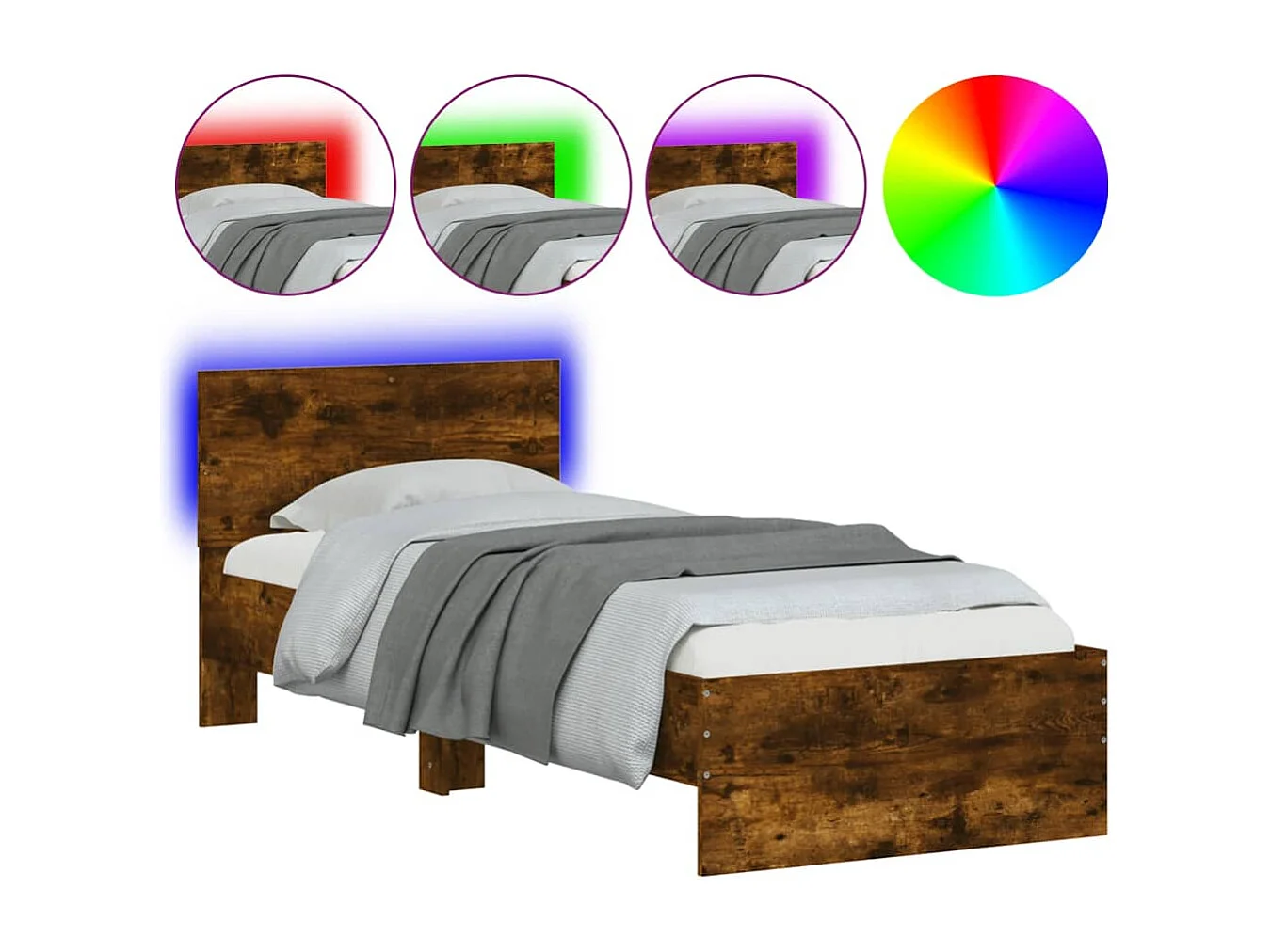 Lit simple | Lit adulte, enfant | Cadre de lit avec lumières LED chêne fumé 75x190cm