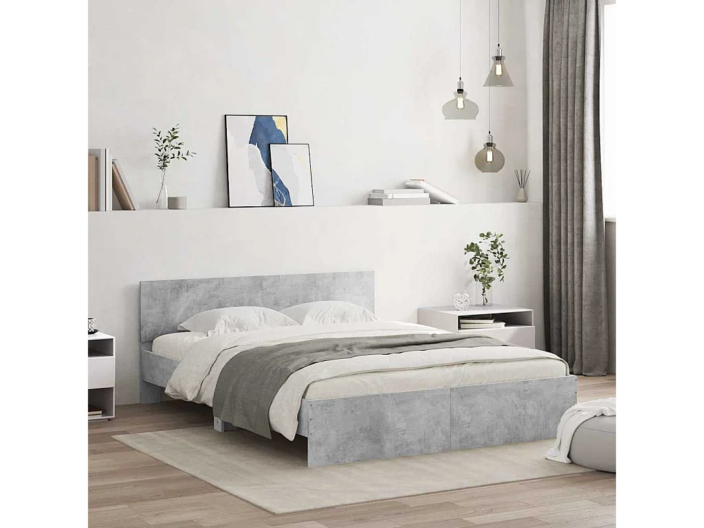 Letto per adulti | Letto matrimoniale | Giroletto con Testiera e LED Grigio Cemento 150x200 cm