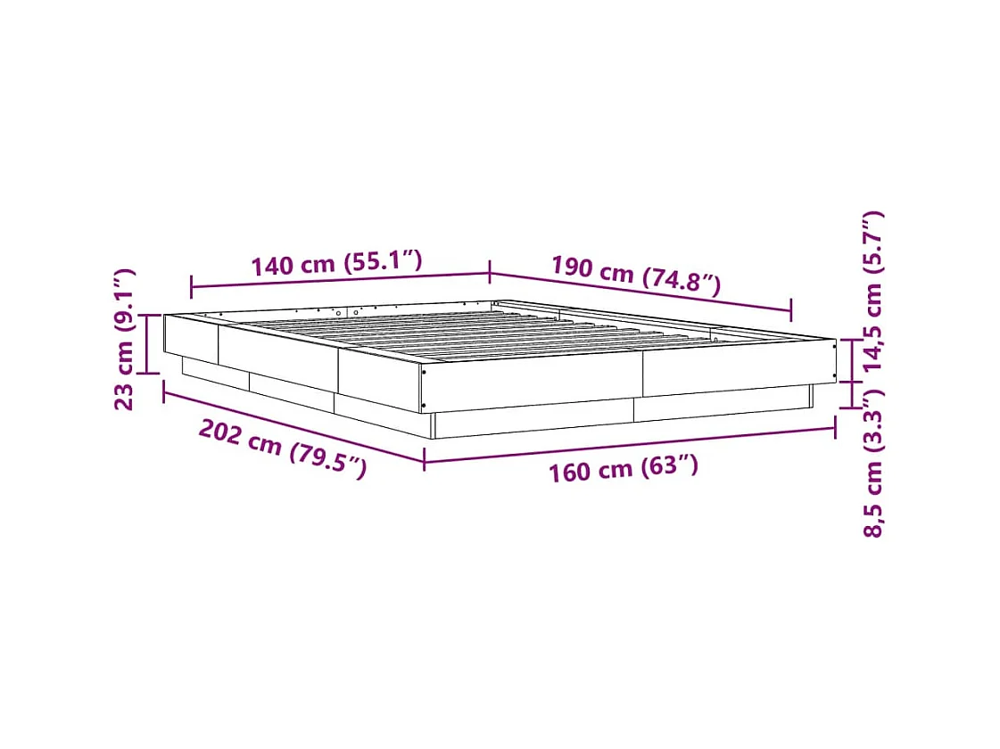 Lit double | Lit adulte | Cadre de lit gris béton 140x190 cm