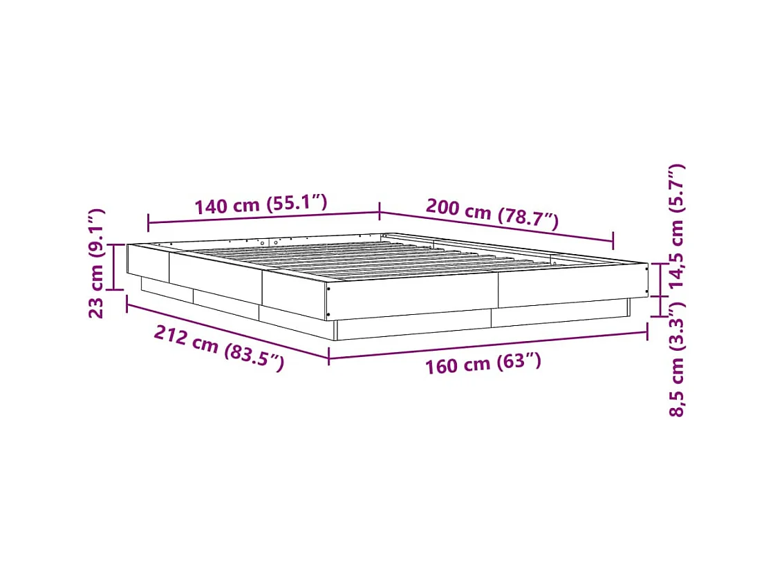 Lit double | Lit adulte | Cadre de lit gris béton 140x200 cm