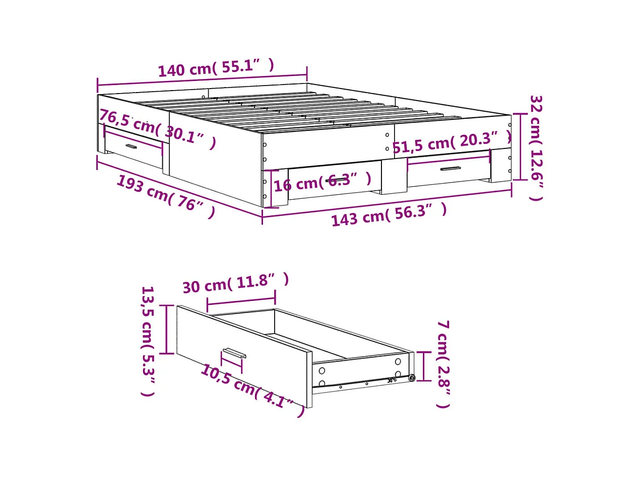 Lit double | Lit adulte | Cadre de lit avec tiroirs noir 140x190 cm