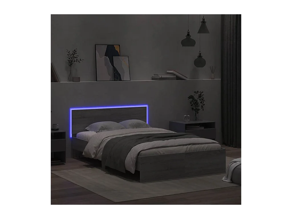 Lit double | Lit adulte | Cadre de lit avec tête de lit et LED sonoma gris 140x190 cm
