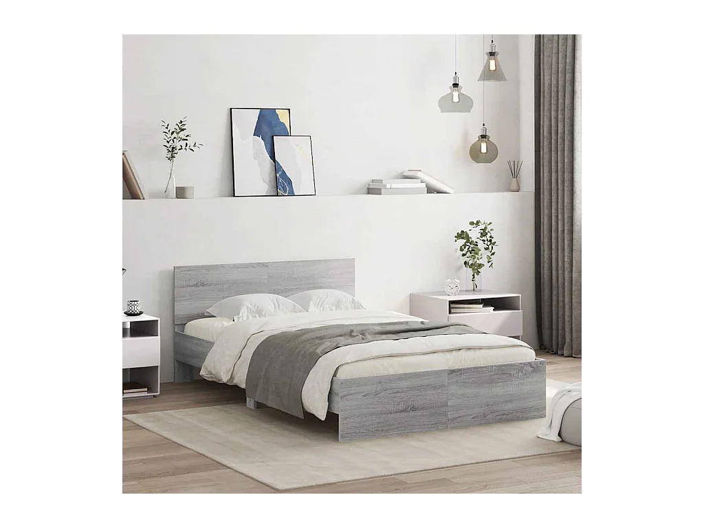 Lit double | Lit adulte | Cadre de lit avec tête de lit et LED sonoma gris 140x190 cm