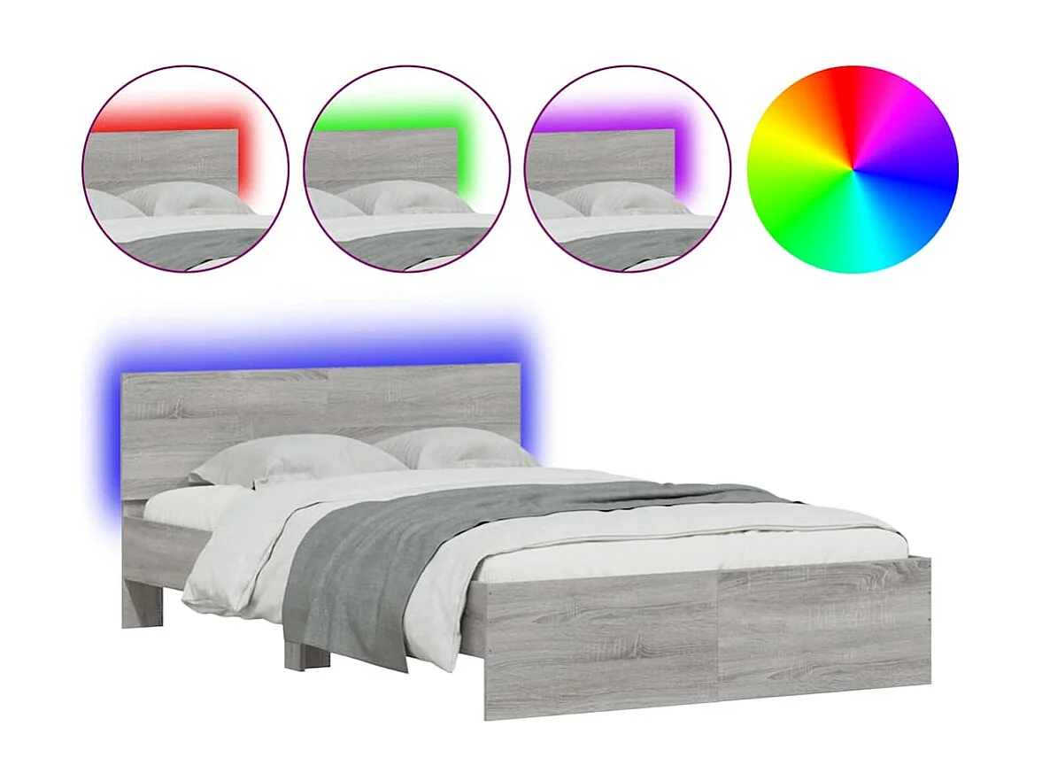 Letto per adulti | Letto matrimoniale | Giroletto con Testiera e LED Grigio Sonoma 140x190 cm