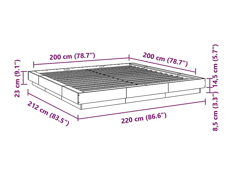Lit double | Lit adulte | Cadre de lit gris béton 200x200 cm