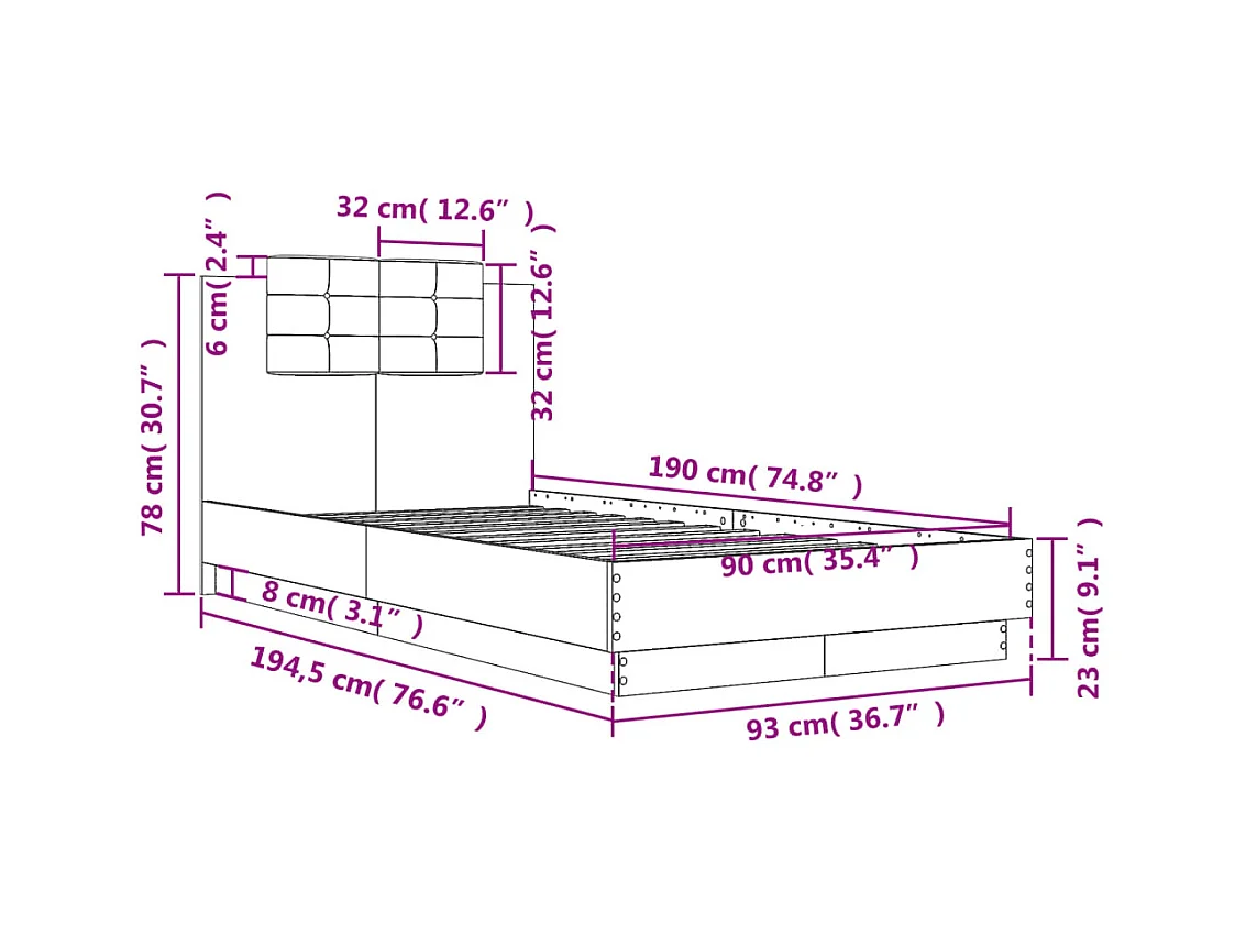 Lit simple | Lit adulte, enfant | Cadre de lit gris béton 90x190 cm