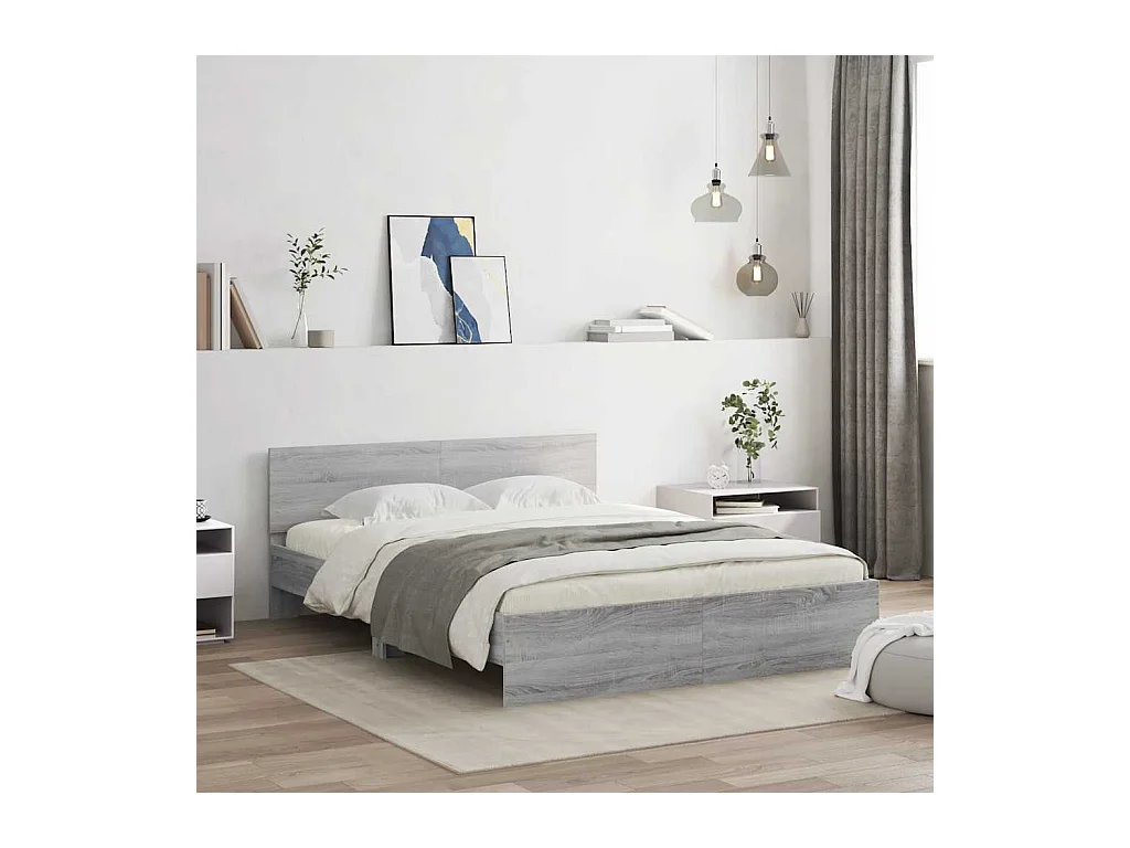 Lit double | Lit adulte | Cadre de lit avec tête de lit et LED sonoma gris 150x200 cm