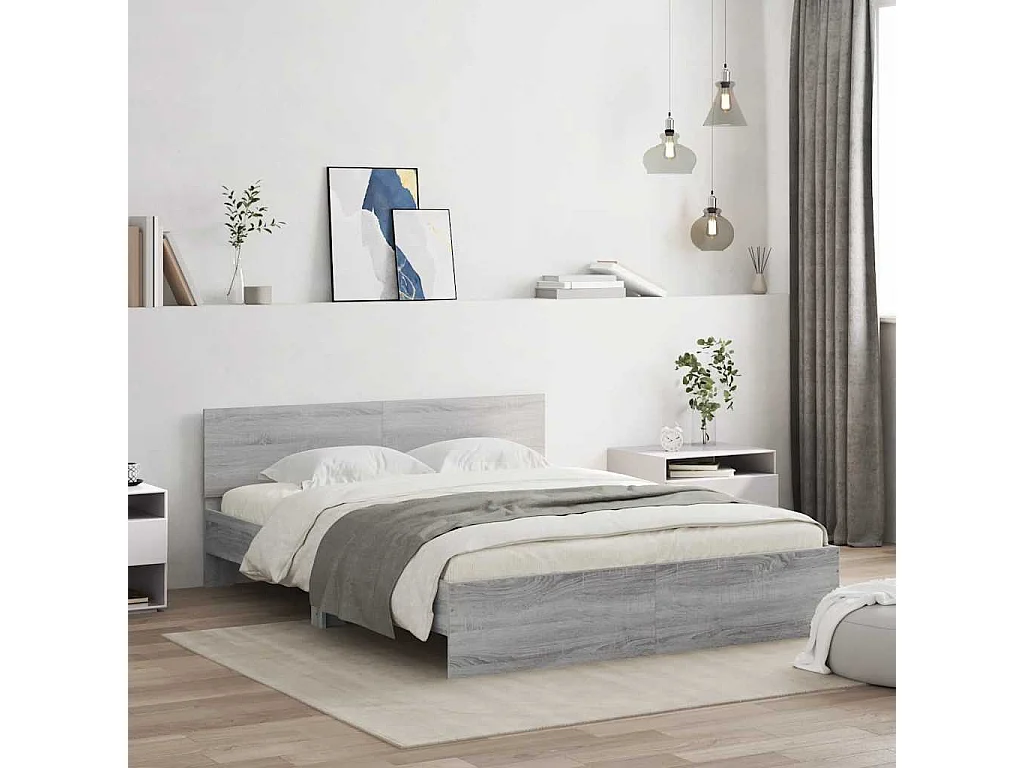 Letto per adulti | Letto matrimoniale | Giroletto con Testiera e LED Grigio Sonoma 150x200 cm