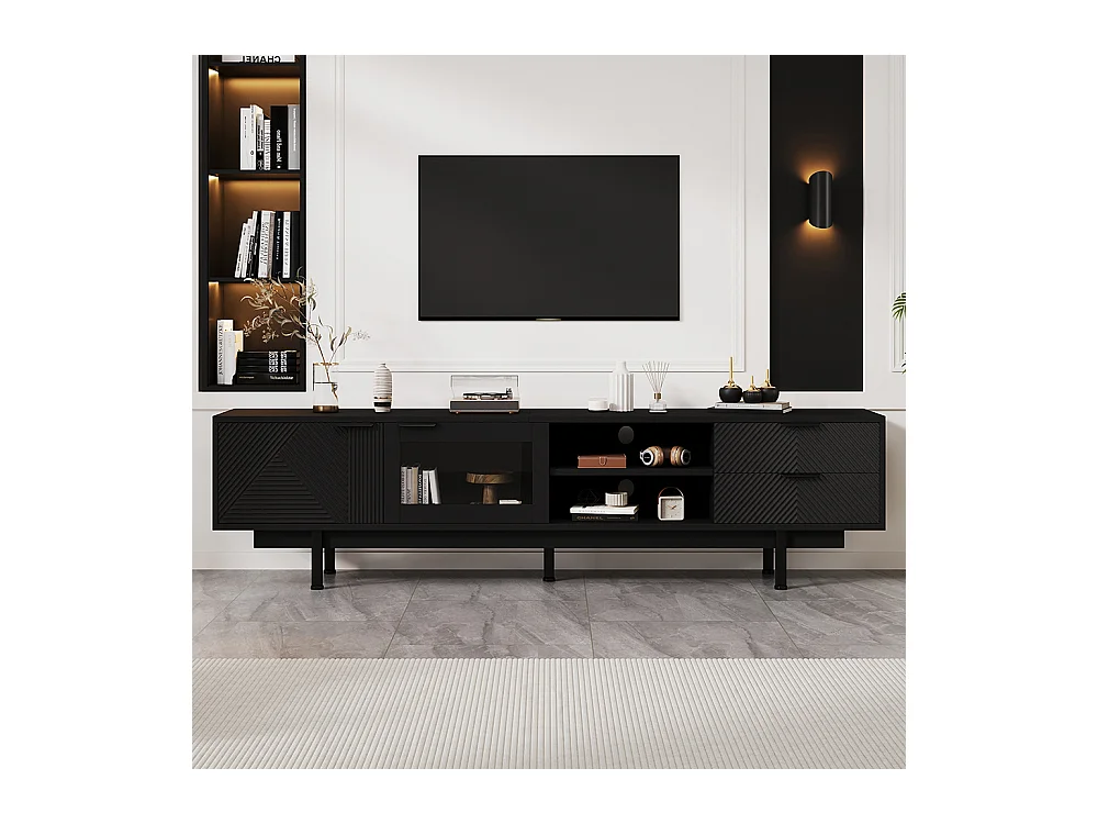 Meuble TV moderne 200x40x50.5 cm 2 portes 2 tiroirs grand rangement charge 45 kg TV 80 pouces noir